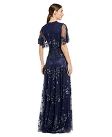 Mac Duggal Women's Sequined High Neck Flutter Sleeve A Line Gown