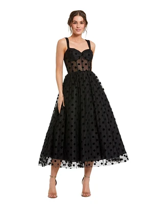 Mac Duggal Women's Polka Dot Net Bustier A-Line Midi Dress