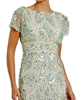 Mac Duggal Women's Embellished Mesh Fitted Short Sleeve Midi Dress