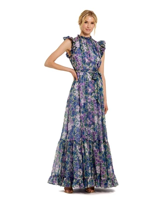 Mac Duggal Women's Printed Chiffon Ruffle Sleeve Gown With Bow Belt
