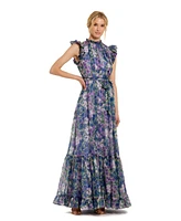 Mac Duggal Women's Printed Chiffon Ruffle Sleeve Gown With Bow Belt