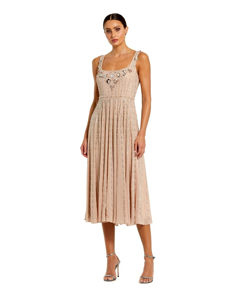 Mac Duggal Women's Sleeveless Scoop Neck Beaded Georgette Midi Dress