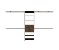 Zamora 69"W - 118"W Closet System with Four Hanging Rods, Three Drawers, and Five Shelves, Dark Walnut