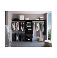 Zamora 70"W - 118"W Closet System, Three Hanging Rods, Five Shelves, One Drawer, Black