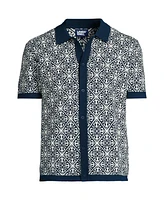 Lands' End Men's Short Sleeve Tile Jacquard Button Down Sweater Polo
