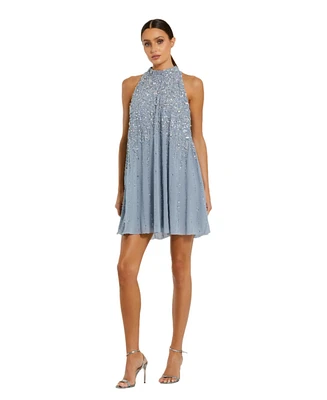 Mac Duggal Women's High Neck Sleeveless Sequin Embellished Trapeze A-line Dress