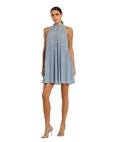 Mac Duggal Women's High Neck Sleeveless Sequin Embellished Trapeze A-line Dress