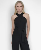 Dkny Women's Crisscross Halter Belted Wide-Leg Jumpsuit