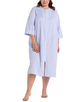 Miss Elaine Plus 3/4-Sleeve Zip-Front Seersucker Robe