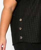 Coin 1804 Plus Eyelet Jersey Scoop Neck Side Buttons Top