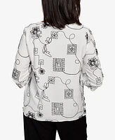 Alfred Dunner Women's Santa Barbara Geometric Floral Soutache Embroidered Top