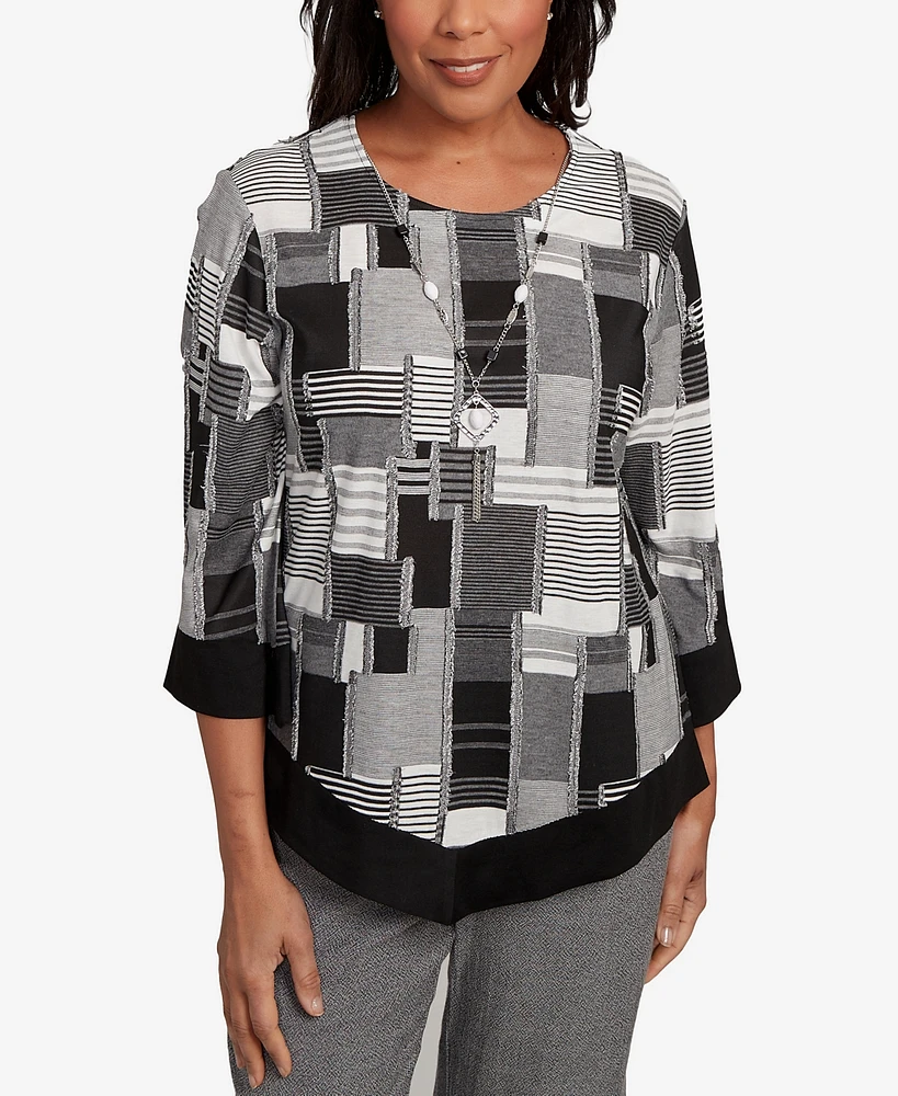 Alfred Dunner Women's Santa Barbara Patchwork Solid Black Trim Crew Neck Top