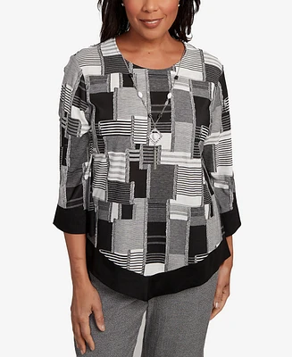 Alfred Dunner Women's Santa Barbara Patchwork Solid Black Trim Crew Neck Top