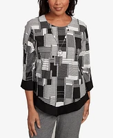 Alfred Dunner Women's Santa Barbara Patchwork Solid Black Trim Crew Neck Top