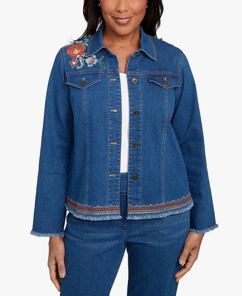 Alfred Dunner Women's El Paso Floral Vine Embroidered Border Denim Jacket