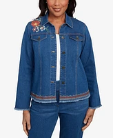 Alfred Dunner Women's El Paso Floral Vine Embroidered Border Denim Jacket