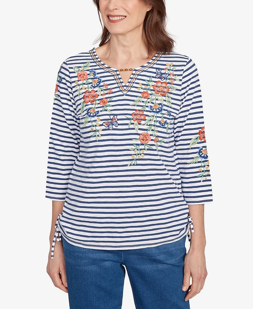 Alfred Dunner Women's El Paso Floral Stripe Ruched Sides Top