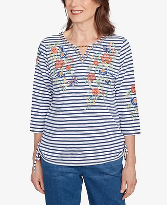 Alfred Dunner Women's El Paso Floral Stripe Ruched Sides Top