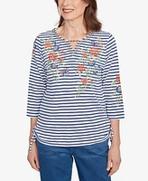 Alfred Dunner Women's El Paso Floral Stripe Ruched Sides Top