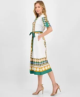 T Tahari Women's Printed Elbow-Sleeve Tie-Waist Split-Neck Midi Dress
