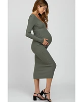 Pinkblush Maternity Light Olive V-Neck Long Sleeve Fitted Maxi Dress