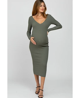 Pinkblush Maternity Light Olive V-Neck Long Sleeve Fitted Maxi Dress