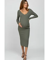 Pinkblush Maternity Light Olive V-Neck Long Sleeve Fitted Maxi Dress