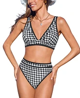 Cupshe Women's High Waisted V Neck Back Hook Textured Bikini Set