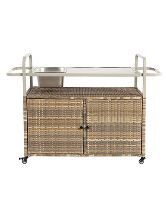 Mondawe Wicker Bar Cart with Steel Top, Ice Bucket & Lockable Wheels