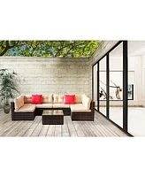 7 Piece Outdoor Sectional Sofa Set with Glass Table and Cushions