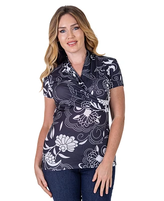 24seven Comfort Apparel Petite Black and White Short Sleeve V-Neck Wrap Top