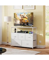 5-Drawer Dresser with Charging Station for Bedroom, Living Room, Closet, Entryway, Fabric Chest of Drawers Open Shelves, Rustic Brown Wood Grain