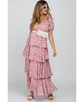Pinkblush Maternity Pink Floral Square Neck Ruffle Layered Maxi Dress