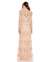 Mac Duggal Women's High Neck Flutter Cap Long Sleeve Tiered Embellish