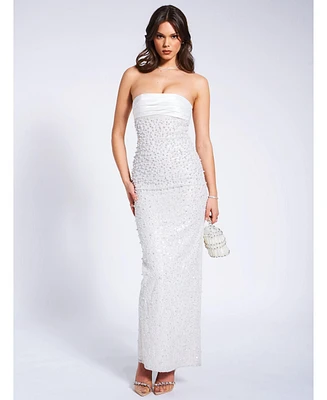 Miss Circle Women's Lainey White Satin Sequin Pearls Beaded Maxi Dress