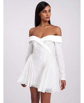 Miss Circle Women's Kira Bead Embroidered Mesh Off Shoulder Long Sleeve Mini Dress