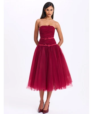Miss Circle Women's Mabel Burgundy Drop Waist Layered Mesh Midi Puffy Dress with Bow