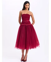 Miss Circle Women's Mabel Burgundy Drop Waist Layered Mesh Midi Puffy Dress with Bow