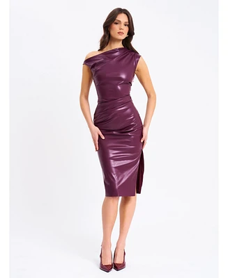 Miss Circle Women's Sabina Purple Leather Slash Neck Midi Dress