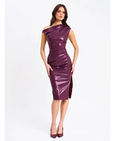 Miss Circle Women's Sabina Purple Leather Slash Neck Midi Dress