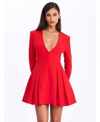 Miss Circle Women's Ubah Red Blazer Pleated Button-up Long Sleeve Mini Dress