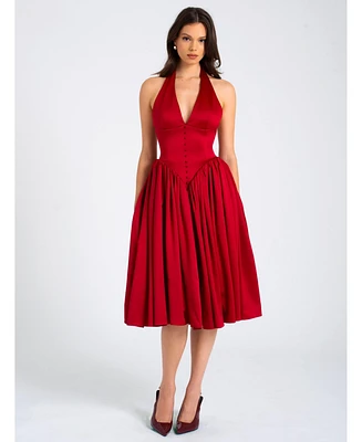 Miss Circle Women's Cara Red Plunging Halter Backless Maxi Dress