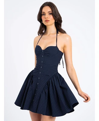 Miss Circle Women's Melody Navy Blue Pinstripe Halter Drop Waist Mini Dress
