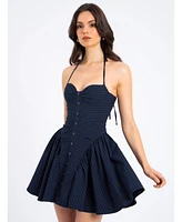 Miss Circle Women's Melody Navy Blue Pinstripe Halter Drop Waist Mini Dress