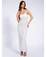 Miss Circle Women's Lainey White Satin Sequin Pearls Beaded Maxi Dress