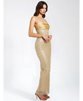 Miss Circle Women's Lainey Gold Satin Sequin Pearls Beaded Maxi Dress