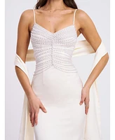 Miss Circle Women's Karmen Pearl Top Pencil Slip Gown with Scarf