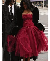 Miss Circle Women's Mabel Burgundy Drop Waist Layered Mesh Midi Puffy Dress with Bow