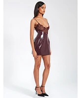 Miss Circle Women's Shelby Dark Brown Faux Leather with Lace Mini Dress