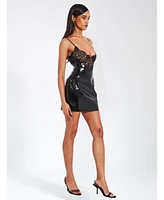 Miss Circle Women's Shelby Black Faux Leather with Lace Mini Dress